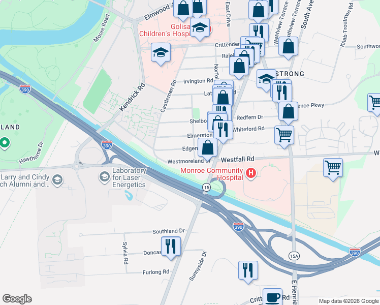 map of restaurants, bars, coffee shops, grocery stores, and more near 82 Westmoreland Drive in Rochester