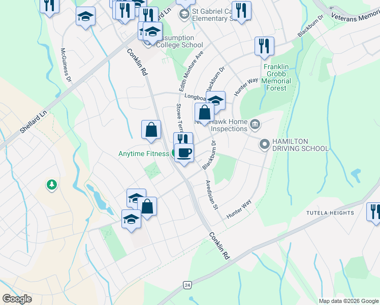 map of restaurants, bars, coffee shops, grocery stores, and more near 360 Conklin Road in Brantford