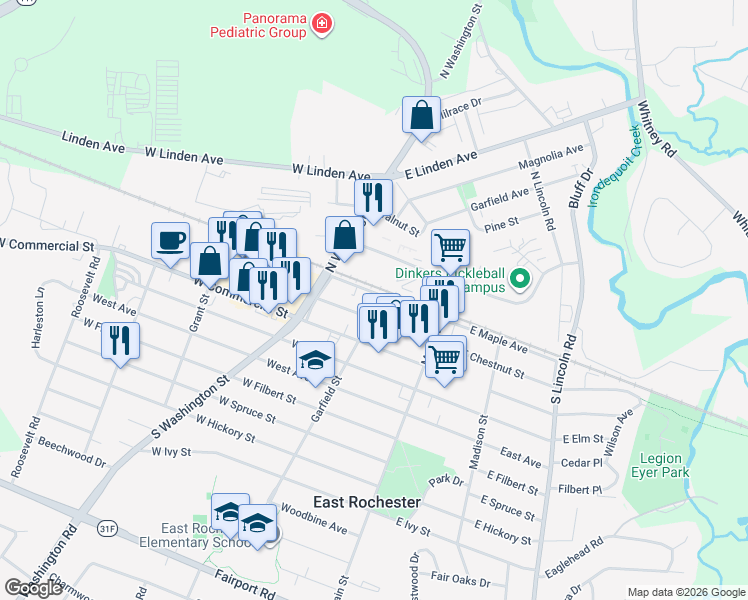 map of restaurants, bars, coffee shops, grocery stores, and more near 143 West Chestnut Street in East Rochester