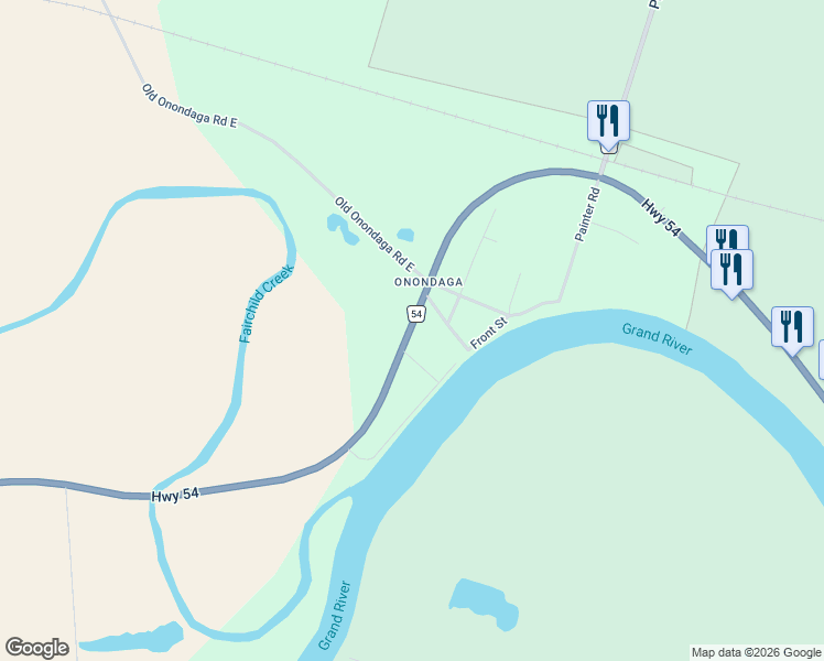 map of restaurants, bars, coffee shops, grocery stores, and more near 12 Oneida Street in Brantford