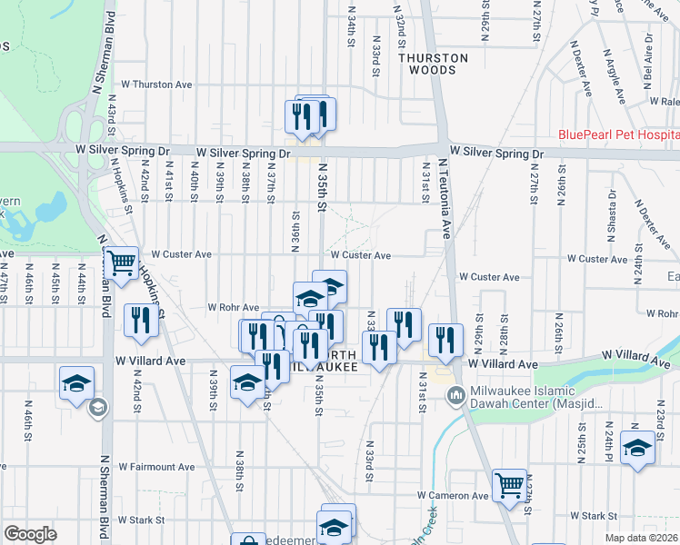 map of restaurants, bars, coffee shops, grocery stores, and more near 5337 North 34th Street in Milwaukee