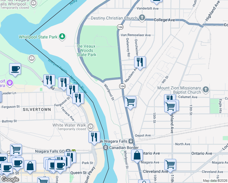 map of restaurants, bars, coffee shops, grocery stores, and more near 613 Chestnut Avenue in Niagara Falls