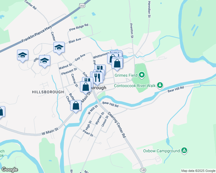 map of restaurants, bars, coffee shops, grocery stores, and more near 25 River Street in Hillsborough