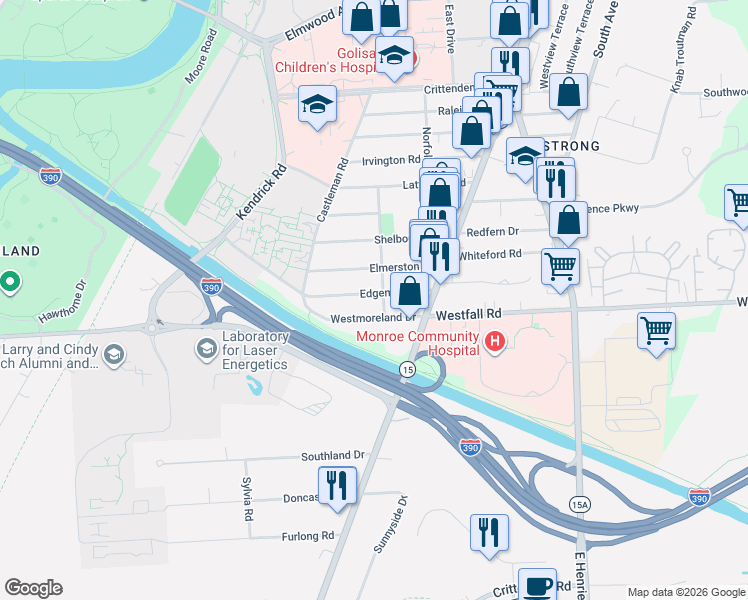 map of restaurants, bars, coffee shops, grocery stores, and more near 82 Westmoreland Drive in Rochester