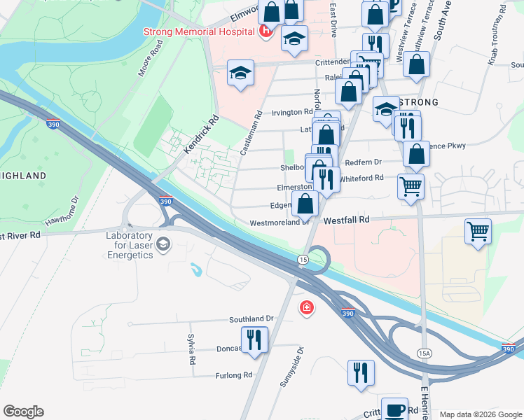 map of restaurants, bars, coffee shops, grocery stores, and more near 140 Westmoreland Drive in Rochester