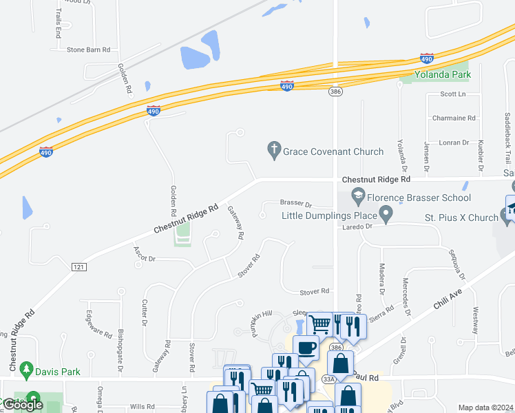 map of restaurants, bars, coffee shops, grocery stores, and more near 66 Gateway Road in Rochester