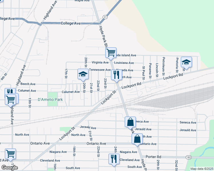 map of restaurants, bars, coffee shops, grocery stores, and more near 2904 23rd Street in Niagara Falls