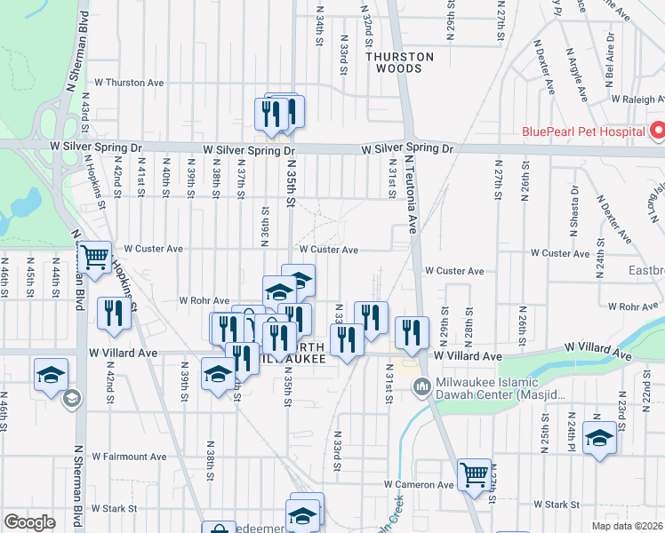 map of restaurants, bars, coffee shops, grocery stores, and more near 5331 North 33rd Street in Milwaukee