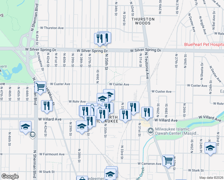 map of restaurants, bars, coffee shops, grocery stores, and more near 5337 North 34th Street in Milwaukee