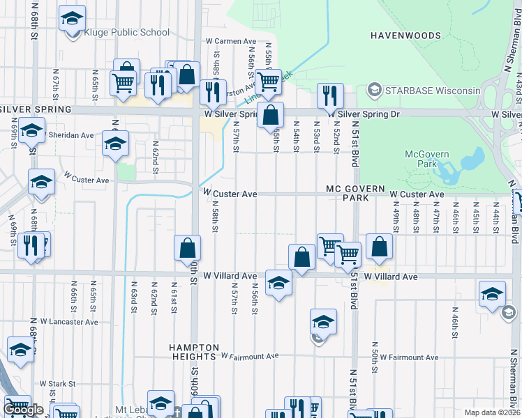 map of restaurants, bars, coffee shops, grocery stores, and more near 5331 North 56th Street in Milwaukee