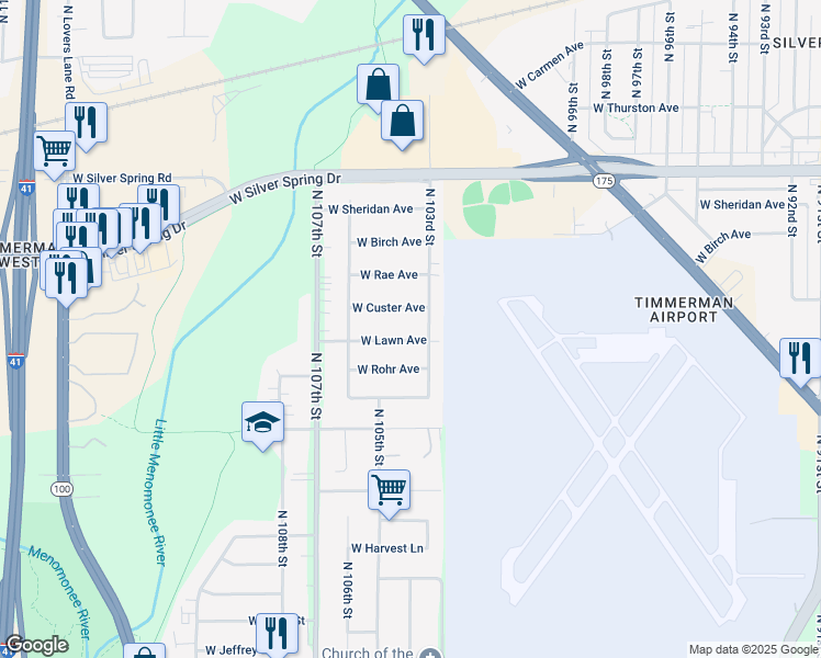 map of restaurants, bars, coffee shops, grocery stores, and more near 10411 West Lawn Avenue in Milwaukee