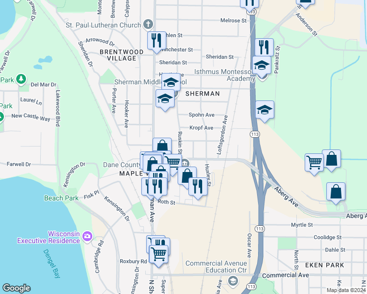 map of restaurants, bars, coffee shops, grocery stores, and more near 1301 Ruskin Street in Madison