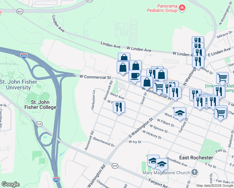 map of restaurants, bars, coffee shops, grocery stores, and more near 7 Forest Road in East Rochester
