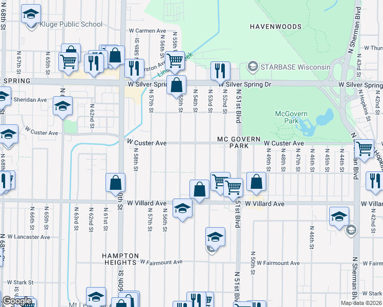 map of restaurants, bars, coffee shops, grocery stores, and more near 5353 North 54th Street in Milwaukee