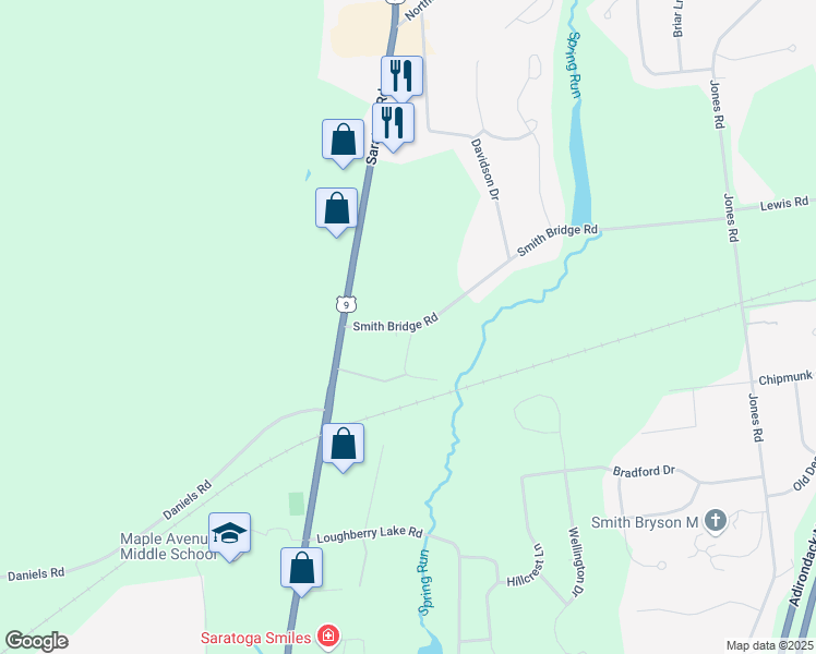 map of restaurants, bars, coffee shops, grocery stores, and more near 28 Smith Bridge Road in Saratoga Springs