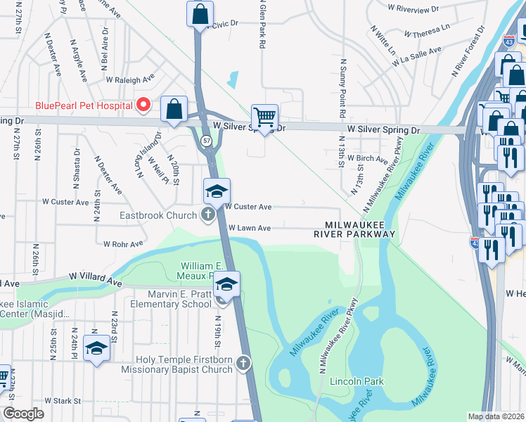 map of restaurants, bars, coffee shops, grocery stores, and more near 1640 West Lawn Avenue in Milwaukee