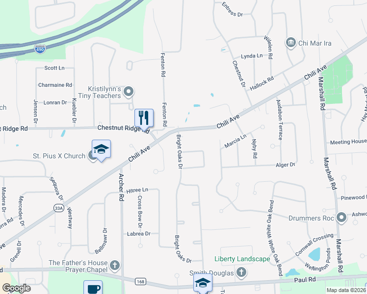 map of restaurants, bars, coffee shops, grocery stores, and more near 11 Bright Oaks Drive in Rochester