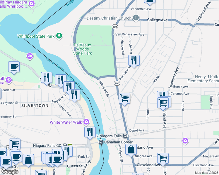 map of restaurants, bars, coffee shops, grocery stores, and more near 2813 Whirlpool Street in Niagara Falls