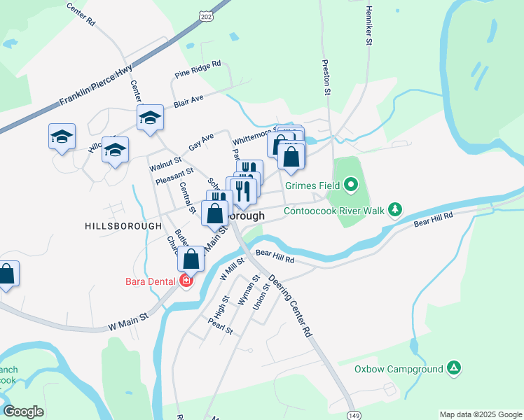 map of restaurants, bars, coffee shops, grocery stores, and more near 14 River Street in Hillsboro