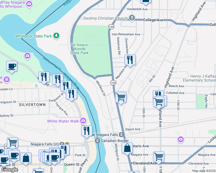 map of restaurants, bars, coffee shops, grocery stores, and more near 2813 Whirlpool Street in Niagara Falls