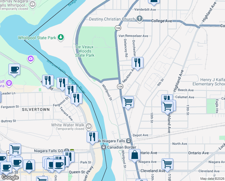 map of restaurants, bars, coffee shops, grocery stores, and more near 2813 Whirlpool Street in Niagara Falls