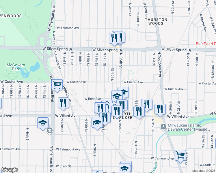 map of restaurants, bars, coffee shops, grocery stores, and more near 5372 North 37th Street in Milwaukee