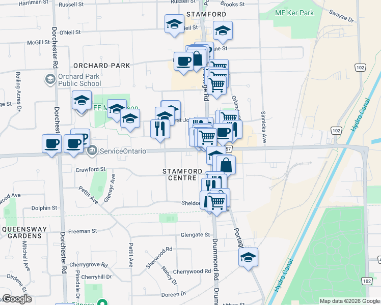 map of restaurants, bars, coffee shops, grocery stores, and more near 6302 Thorold Stone Road in Niagara Falls