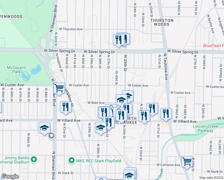 map of restaurants, bars, coffee shops, grocery stores, and more near 5372 North 37th Street in Milwaukee