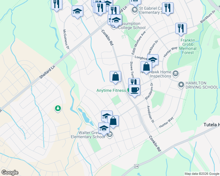 map of restaurants, bars, coffee shops, grocery stores, and more near 16 Warner Lane in Brantford