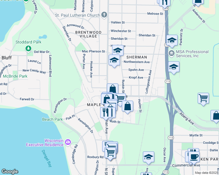 map of restaurants, bars, coffee shops, grocery stores, and more near 1329 North Sherman Avenue in Madison
