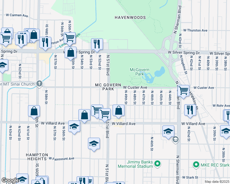 map of restaurants, bars, coffee shops, grocery stores, and more near 5361 North 50th Street in Milwaukee