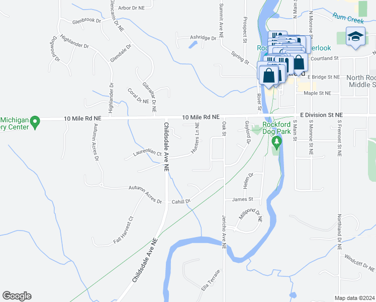 map of restaurants, bars, coffee shops, grocery stores, and more near 226 Hunters Lane Northeast in Rockford