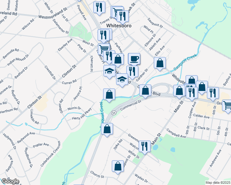 map of restaurants, bars, coffee shops, grocery stores, and more near 65 Oriskany Boulevard in Whitesboro