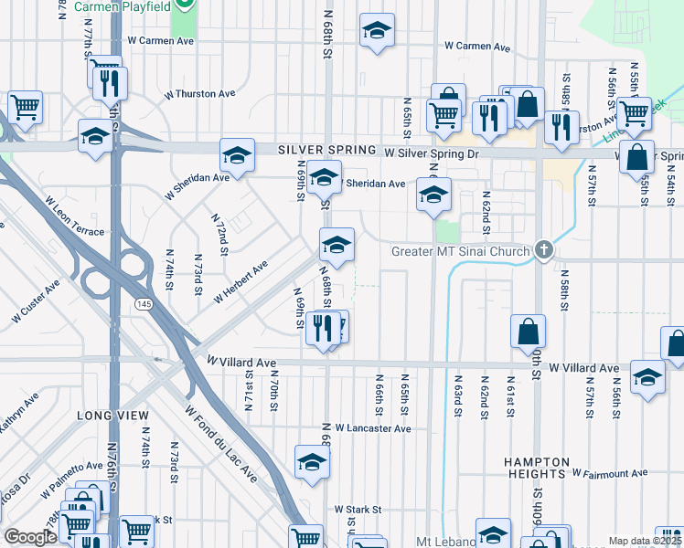 map of restaurants, bars, coffee shops, grocery stores, and more near 5354 North 68th Street in Milwaukee