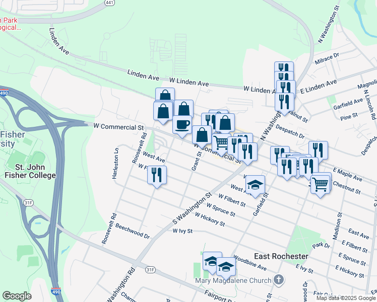 map of restaurants, bars, coffee shops, grocery stores, and more near 413 West Avenue in East Rochester
