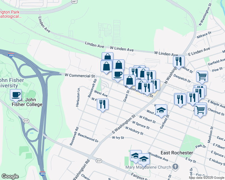 map of restaurants, bars, coffee shops, grocery stores, and more near 413 West Avenue in East Rochester