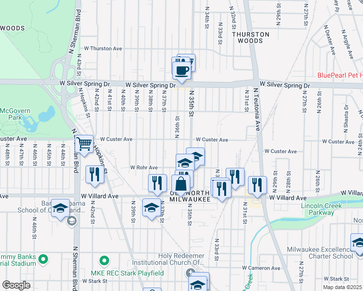 map of restaurants, bars, coffee shops, grocery stores, and more near 5334 North 36th Street in Milwaukee