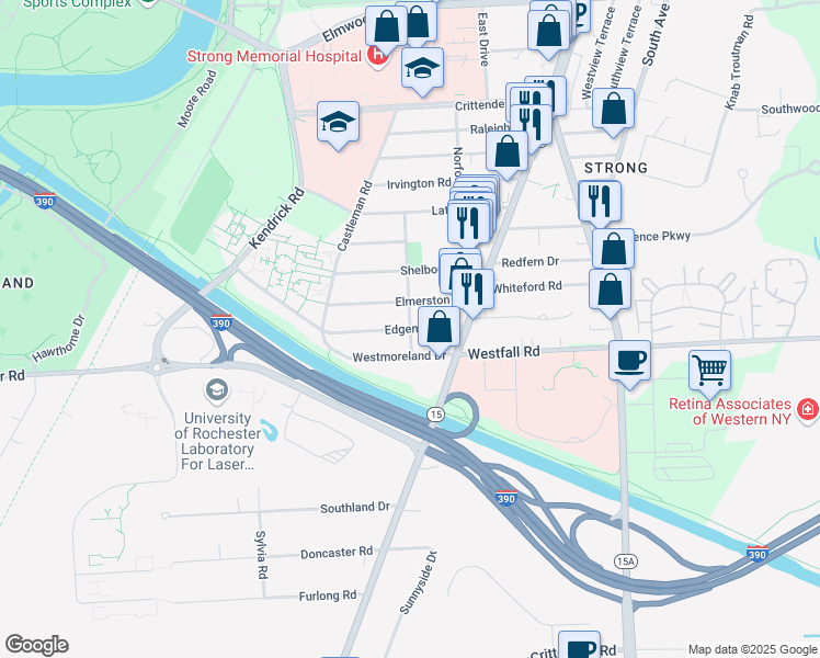 map of restaurants, bars, coffee shops, grocery stores, and more near Eastmoreland Dr & Edgemont Rd in Rochester