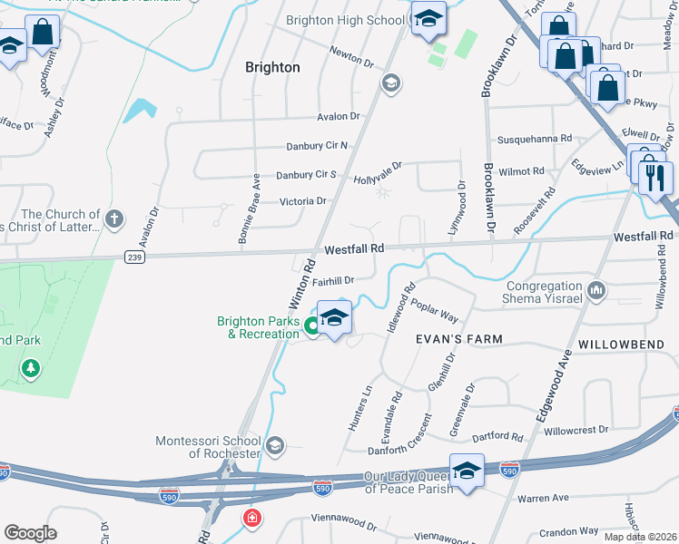 map of restaurants, bars, coffee shops, grocery stores, and more near 35 Fairhill Drive in Rochester