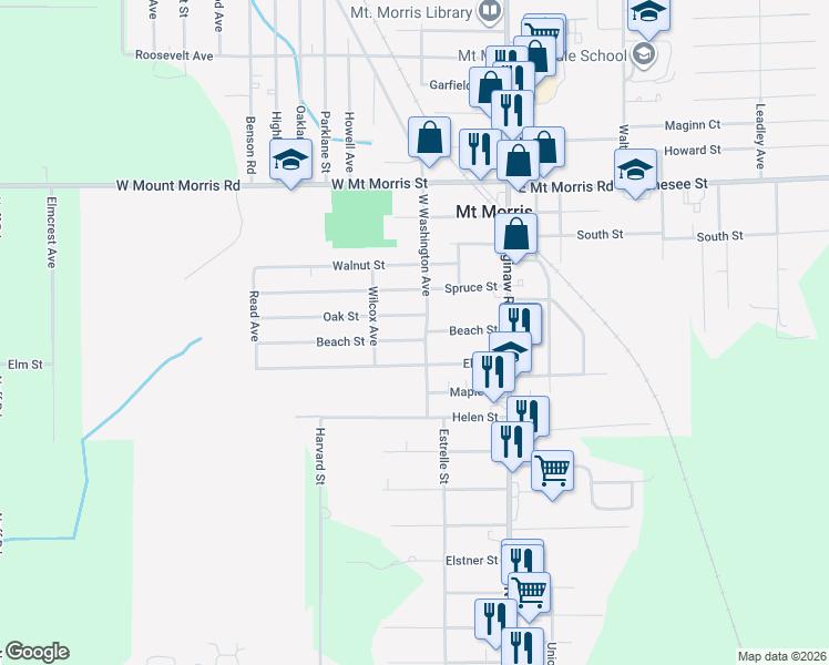 map of restaurants, bars, coffee shops, grocery stores, and more near 531 Elm Street in Mount Morris
