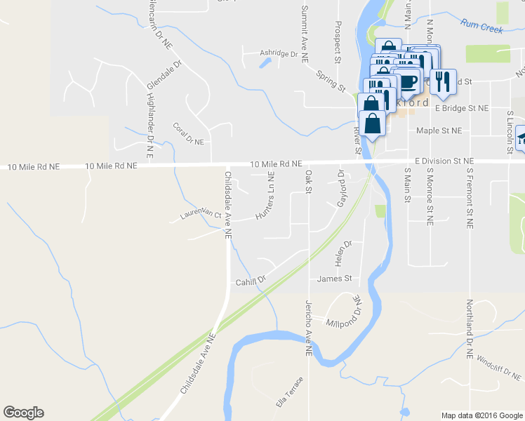map of restaurants, bars, coffee shops, grocery stores, and more near 212 Hunters Lane Northeast in Rockford