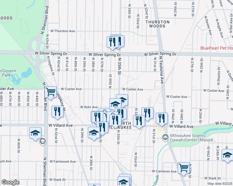 map of restaurants, bars, coffee shops, grocery stores, and more near 5334 North 36th Street in Milwaukee