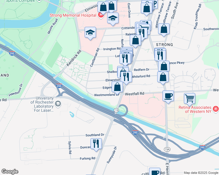 map of restaurants, bars, coffee shops, grocery stores, and more near 157 Eastmoreland Drive in Rochester