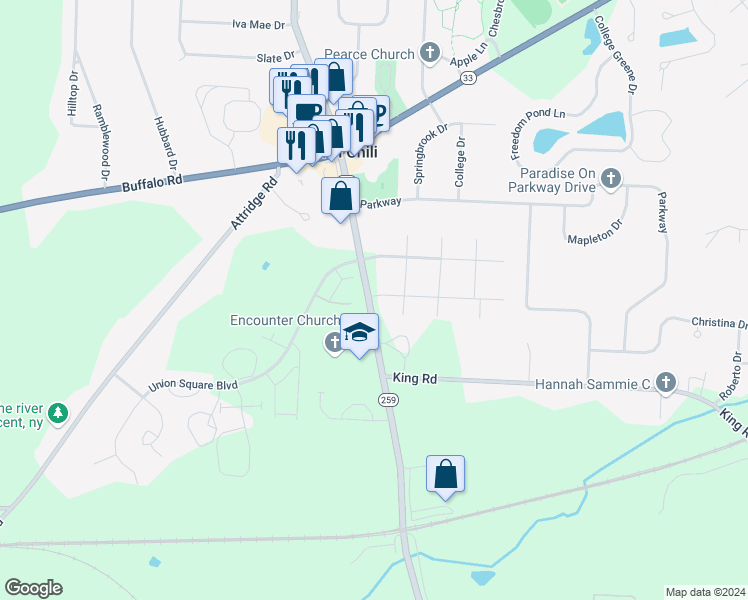 map of restaurants, bars, coffee shops, grocery stores, and more near 107 Meadowbrook Farm South in North Chili