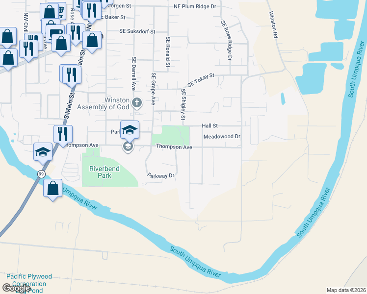 map of restaurants, bars, coffee shops, grocery stores, and more near 771 Southeast Hall Street in Winston