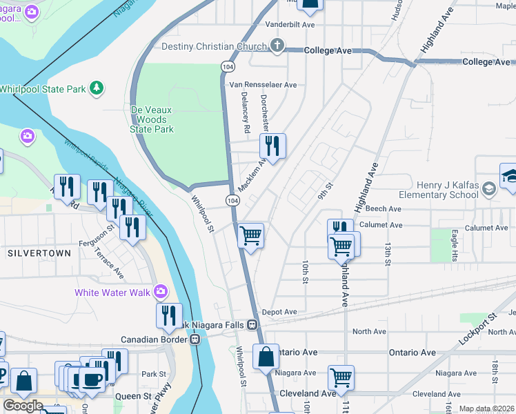 map of restaurants, bars, coffee shops, grocery stores, and more near 2829 McKoon Avenue in Niagara Falls