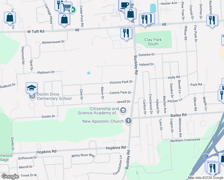 map of restaurants, bars, coffee shops, grocery stores, and more near 117 Colony Park Drive in Liverpool