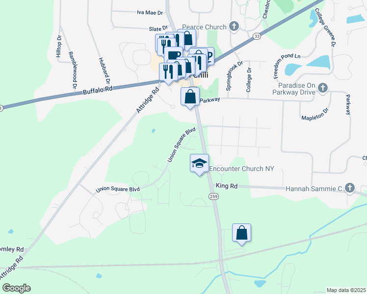 map of restaurants, bars, coffee shops, grocery stores, and more near 165 Union Square Boulevard in North Chili