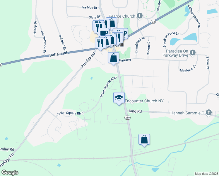 map of restaurants, bars, coffee shops, grocery stores, and more near 165 Union Square Boulevard in Monroe County