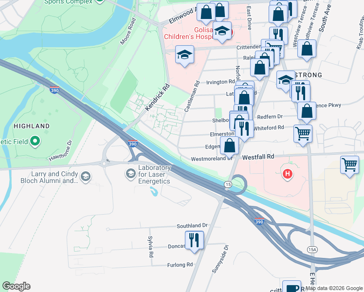 map of restaurants, bars, coffee shops, grocery stores, and more near 226 University Park in Rochester